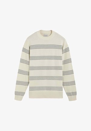 Suéter color crema con rayas horizontales negras, cuello redondo, puños y dobladillo acanalados. Textura de punto suave, ajuste estándar, sin patrones ni adornos.