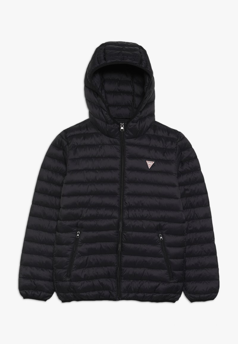 Veste noire matelassée à capuche avec fermeture éclair devant, deux poches zippées et petit logo triangulaire sur la poitrine gauche.