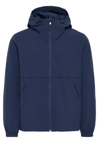 Navy blue lightweight jacket with a hood, featuring a front zip, patch pocket, side pockets, and elastic cuffs. Smooth fabric texture.