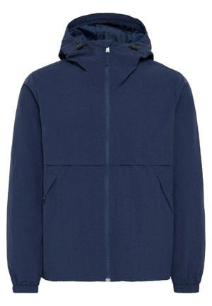Giacca leggera blu navy con cappuccio, dotata di zip frontale, tasca applicata, tasche laterali e polsini elasticizzati. Tessuto dalla texture liscia.