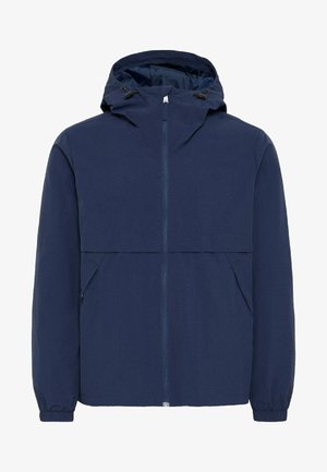 Marineblauwe lichtgewicht jas met een capuchon, voorzien van een voorrits, een patchzak, zijzakken en elastische manchetten. Stevige stoftextuur.