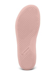 Helle rosa Schuhsohle mit einer strukturierten Oberfläche, die ein Gittermuster, ein Logo und Größenmarkierungen aufweist und Polsterung sowie Unterstützung bietet.