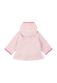 Fleece-Jacke in Hellpink mit Kapuze, ausgestattet mit pinken Verzierungen an der Kapuze und den Ärmeln sowie einem Peplum-Rüschensaum.