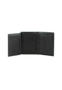 Black leather wallet, bifold design with multiple card slots, textured interior, smooth exterior, and no visible hardware or accents.