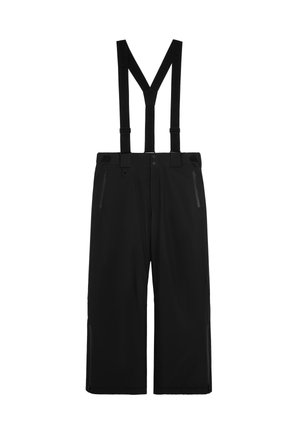 Pantaloni de schi negri cu bretele ajustabile, având două buzunare cu fermoar în față și ventilație pe margini. Material neted și durabil.