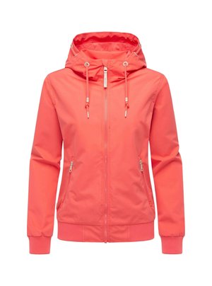 Coral jacket with a hood, zip front, elastic cuffs, and pockets. Made from smooth material with adjustable drawstrings and a semi-fitted design.