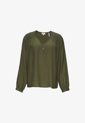 Olivegrüne Bluse mit langen Ärmeln und V-Ausschnitt, aus Baumwollmischung, mit gefälteten Schultern und Knopfdetails. Weiche Textur, lockere Passform.