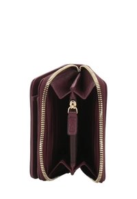 Burgundy leather wallet with gold-tone zip, interior card slots, and a central zip pocket. Smooth texture with a compact design.