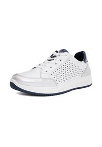 Zapatilla blanca con diseño perforado y acentos en azul marino. Fabricada con material similar al cuero, cuenta con una puntera suave y un talón texturizado.