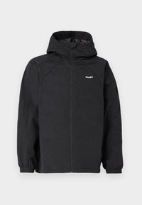 Black waterproof jacket with a hood, zip closure, elastic cuffs, and streamlined design; features a subtle logo on the left chest.