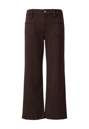 Donkerbruin wijde broek met voorzakken, riemlussen, een knoopsluiting en ruwe zoomranden.
