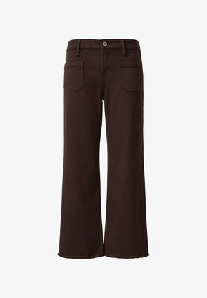 Dark brown wide-leg pants with front patch pockets, belt loops, a button closure, and raw hem edges.