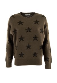 Pullover lavorato a maglia marrone con motivi di stelle nere, scollo rotondo e polsini e orlo a costine.