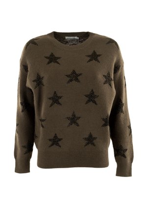 Jersey de punto marrón con patrones de estrellas negras, cuello redondo y puños y dobladillo acanalados.