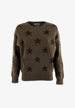 Jersey de punto marrón con patrones de estrellas negras, cuello redondo y puños y dobladillo acanalados.