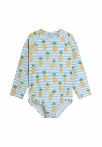 Maillot de bain à manches longues avec un motif rayé bleu et blanc, agrémenté d'ananas jaunes et de feuilles vertes. Tissu doux et extensible.