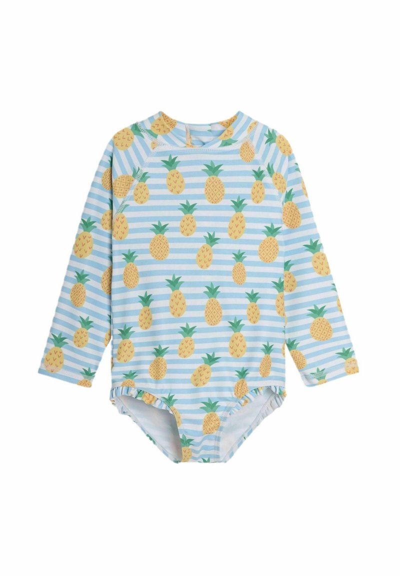 Maillot de bain à manches longues avec un motif rayé bleu et blanc, agrémenté d'ananas jaunes et de feuilles vertes. Tissu doux et extensible.