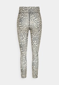 Leggings avec une base beige ornée d'un imprimé léopard noir. Fabriqués dans un tissu lisse et extensible avec une taille élastique pour un confort optimal.