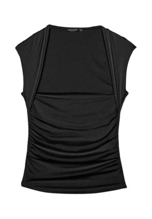 Čierny tielko bez rukávov s nariasenými stranami a širokým štvorcovým výstrihom, položený na rovnej ploche zobrazujúci predný pohľad.