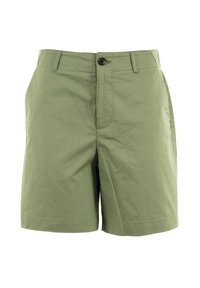 Pantaloni corti verde oliva in tessuto leggero, con chiusura a bottoni, tasche frontali e un taglio classico. Texture liscia con cuciture ordinate.