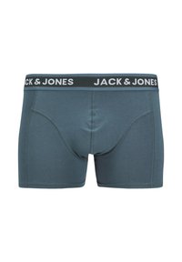 Men's boxer shorts in dark teal fabric; elastic waistband with "JACK & JONES" in white lettering; smooth texture and fitted design.