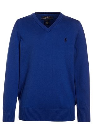Blauwe V-hals trui met lange mouwen en geribbelde boorden en zoom, met een klein zwart geborduurd logo op de linkerborst.