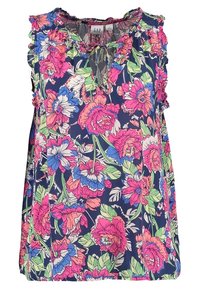 Haut sans manches à fleurs bleu marine, présentant des fleurs vives roses et bleues, des bords froufroutants le long du décolleté, et une coupe décontractée.