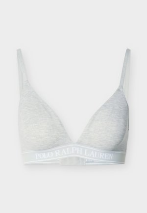 Soutien-gorge gris clair à bonnets souples avec fines bretelles ajustables et bande élastique marquée "Polo Ralph Lauren" en bas.