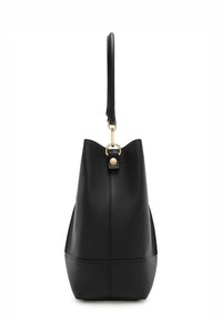 Black leather handbag with a structured shape, a single handle, and gold hardware accent on the top. Textured finish with a smooth bottom.