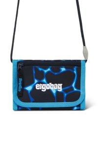 Small black and blue patterned wallet with blue trim, zipper pocket, "ergobag" logo, and black adjustable shoulder strap.