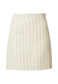 Beige rok met verticale zwarte streepjes, A-lijn vorm, lengte tot halverwege de dijen, gemaakt van een gestructureerde stof, met een gladde tailleband.