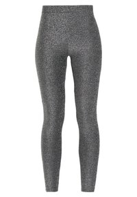 Zilveren metallic leggings met een gladde, elastische textuur. Strak aansluitend ontwerp, hoog in de taille, en naadloze constructie voor een slanke uitstraling.