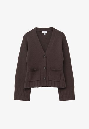 Dark brown button-up cardigan with V-neck, two front patch pockets, long sleeves, and ribbed cuffs and hem.