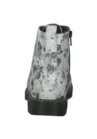 Szare botki za kostkę w kwiatowy wzór z teksturowanym wykończeniem; posiadają zamek błyskawiczny, czarną gumową podeszwę oraz drobne kwiatowe wzory na całej powierzchni.