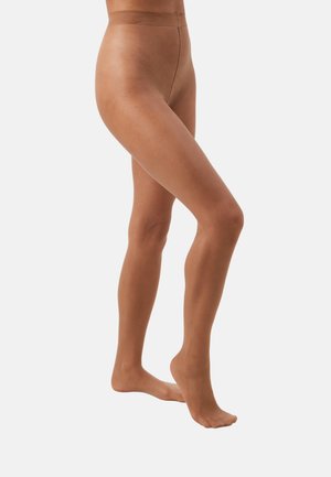 Sheer tan tights with a high waistband, smooth texture, and a fitted design, extending to the ankles, showcasing natural skin tone.