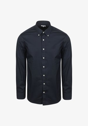 Donker marineblauwe long-sleeve button-up shirt met witte knopen en een button-down kraag, weergegeven op een witte achtergrond.
