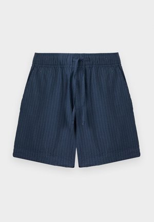 Marineblå teksturerede stofshorts med elastisk talje og snøre foran, med sidelommer og en afslappet pasform.
