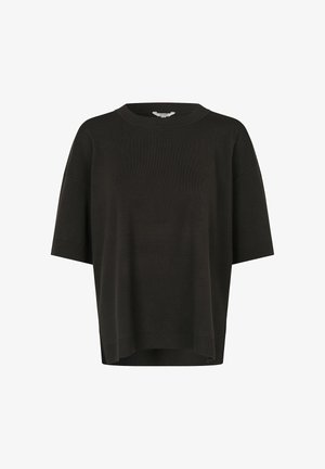 Haut en maille noir oversize à manches courtes avec encolure ronde et poignets et ourlet côtelés, présenté sur un fond uni.