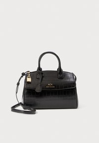 Black handbag made of textured faux crocodile leather. Features dual handles, a detachable shoulder strap, gold hardware, and a padlock accent.