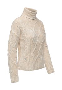 Maglione beige lavorato a maglia con colletto alto, caratterizzato da motivi a treccia, tessuto testurizzato e polsini e orlo ribettati.