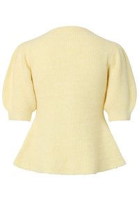 Gaiši dzeltena ribota džempera adījuma ar uzpūstām īsām piedurknēm un izvērstu apmali, attēlots no mugurpuses.