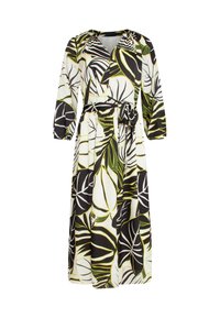Blumenkleid aus leichtem Stoff mit grünen, schwarzen und weißen Blattmustern, Drei-Viertel-Ärmeln und einem selbst gebundenen Gürtel.
