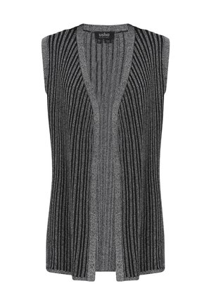 Bezrekawnikowy kamizelka dzianinowa na przód, z pionowym prążkowanym wzorem w naprzemiennych odcieniach ciemnej i jasnej szarości.