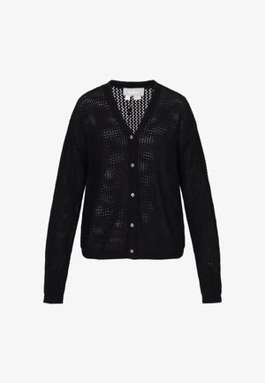 Černý pletený kardigan s výstřihem do V, dlouhými rukávy, zapínáním na knoflíky a otevřenou texturou pletení. Vyznačuje se lehkým a prodyšným designem.