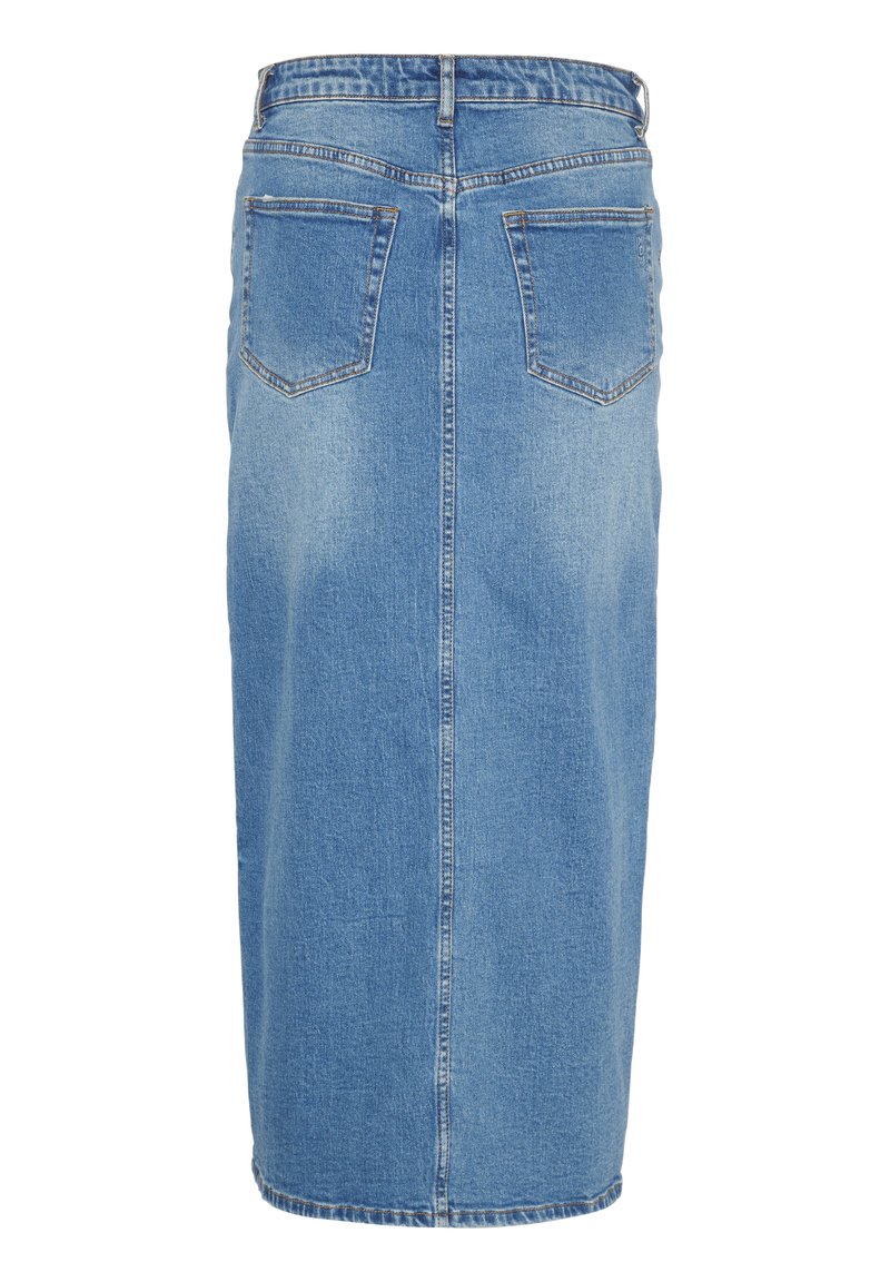 Jeansowa spódnica ołówkowa w jasnoniebieskim kolorze, sięgająca do połowy łydki, z tylnymi kieszeniami i prostym krojem. Posiada zamek błyskawiczny oraz zapięcie na guzik w talii.