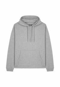 Felpa grigia in cotone con tasca frontale a marsupio, maniche lunghe e cappuccio con coulisse. Tessuto liscio con polsini e orlo a costine.