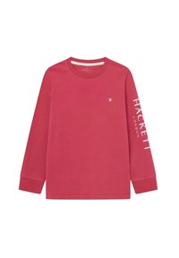 Langarm-T-Shirt mit Rundhalsausschnitt aus leuchtend roter Baumwolle. Mit Logo auf der Brust und großem Text "HACKETT LONDON" auf dem linken Ärmel. Sanfte Textur.