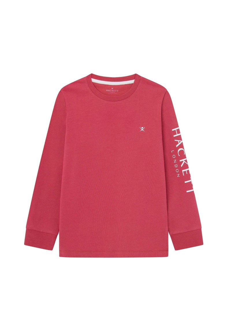 Langarm-T-Shirt mit Rundhalsausschnitt aus leuchtend roter Baumwolle. Mit Logo auf der Brust und großem Text "HACKETT LONDON" auf dem linken Ärmel. Sanfte Textur.