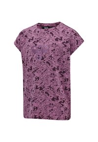 Lila kortärmad t-shirt med ett varierat svart grafiskt mönster, rund halsringning och lös passform, tillverkad av mjukt tyg.