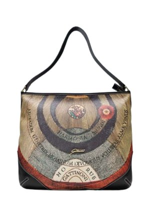 Borsa con tracolla nera singola, caratterizzata da una stampa vintage di una mappa celeste con testo latino e illustrazioni della Terra e del Sole.